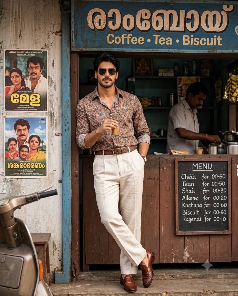 1980s Kerala tea stall portrait AI prompt | Retro man and classic cinema style